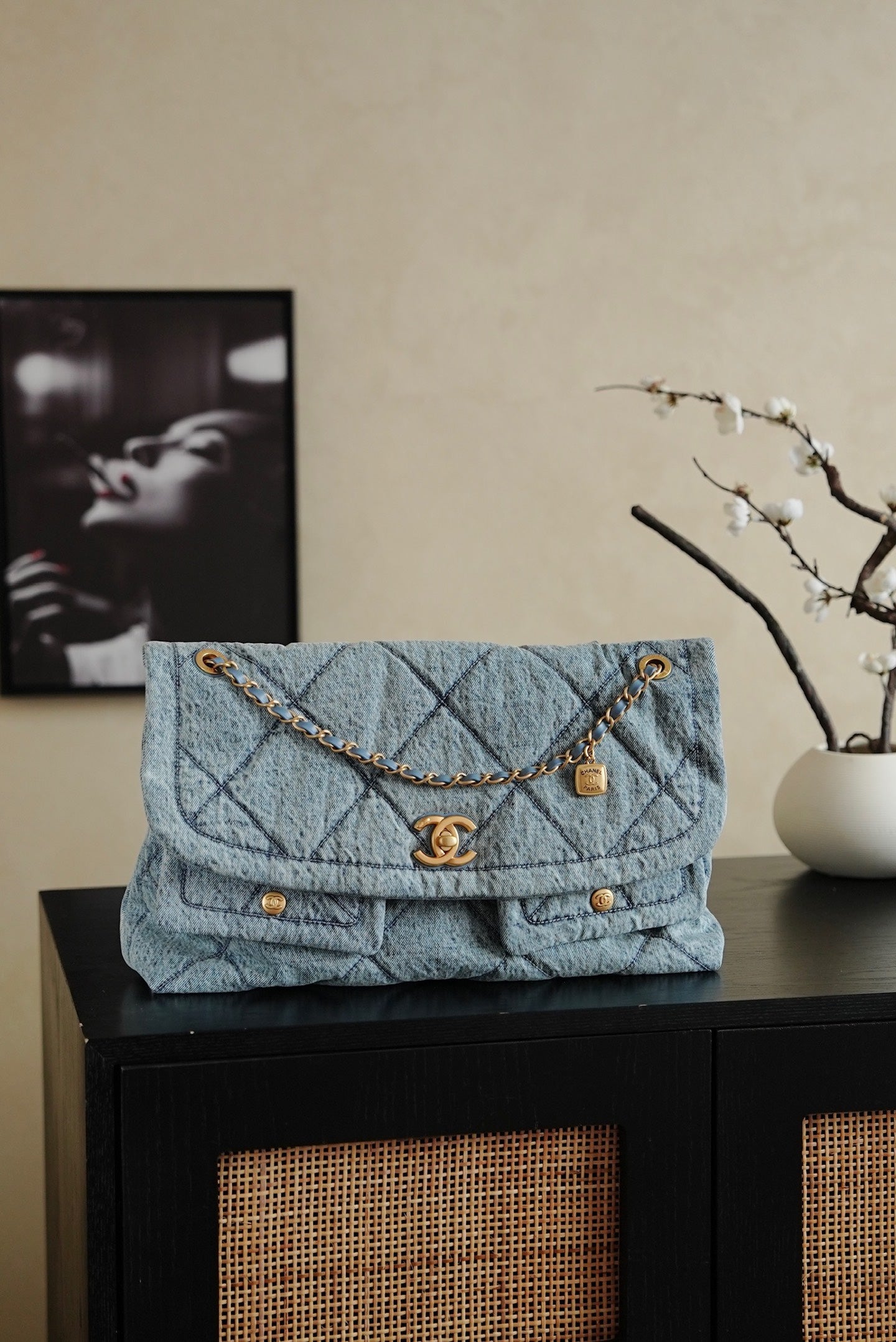Sac Flap matelassé en denim avec chaîne